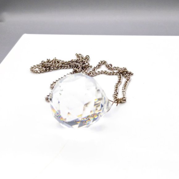 Vintage Faceted Crystal Pendant Necklace, Disco Ball on Silver Tone Chain - Picture 4 of 4
